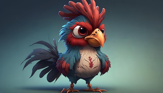 A cartoon rooster with a red and blue feathers