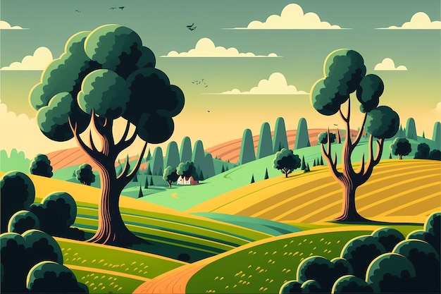 A cartoon of a rural landscape with trees and a house on the hill.