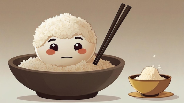 a cartoon of a sad looking man and two bowls of food with chopsticks next to them