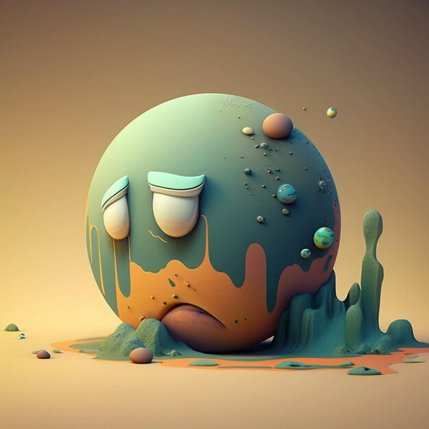 Photo a cartoon of a sad planet with a sad face.