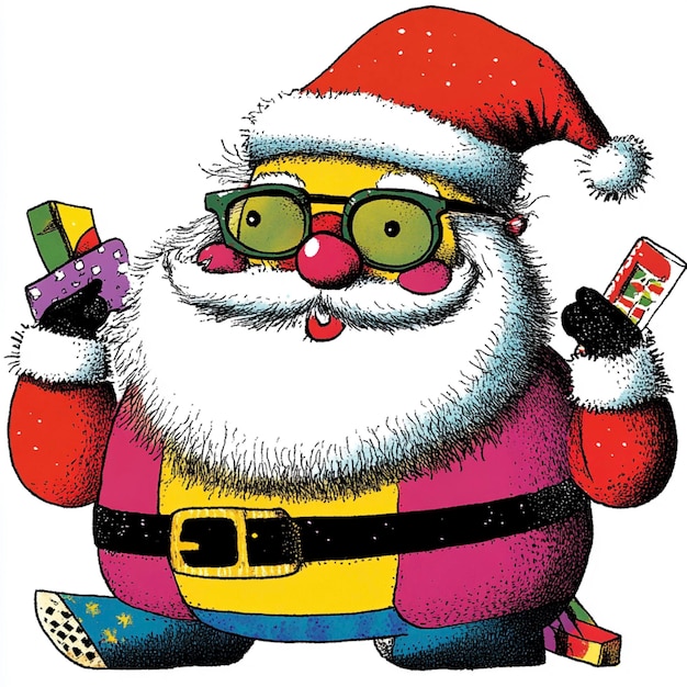 a cartoon of a santa claus holding a candy bar