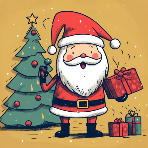 cartoon santa claus holding a present in front of a christmas tree generative ai