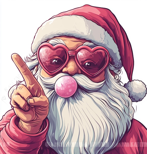 Photo a cartoon of a santa claus holding a stick with heart shaped glasses