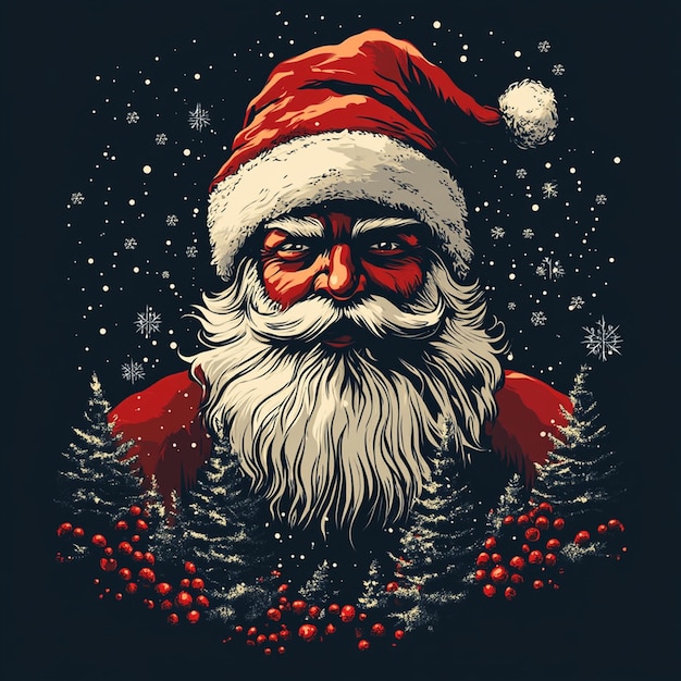 a cartoon of a santa claus with a christmas tree in the background