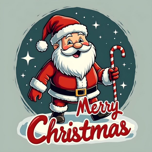 a cartoon of santa claus with a sticker that says merry christmas