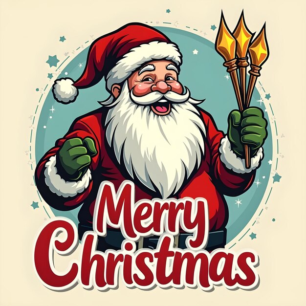 Photo a cartoon of santa claus with a sticker that says merry christmas