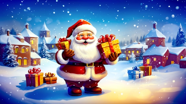 Cartoon santa clause holding gift box in snowy christmas scene with village in the background Generative AI