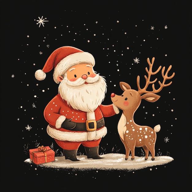 a cartoon of a santa and a deer on a snowy ground