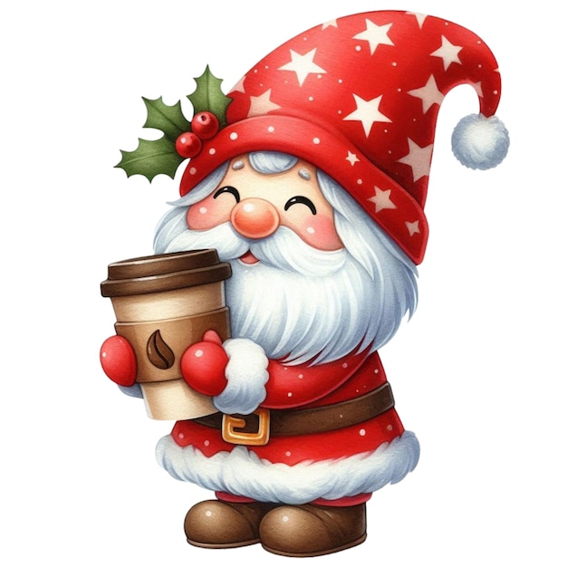 a cartoon of santa holding a coffee cup