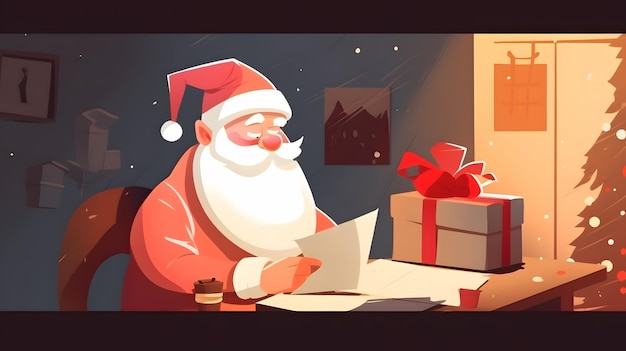 A cartoon of santa reading a letter from santa claus.