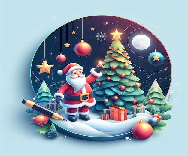 a cartoon of santa with a christmas tree in the background