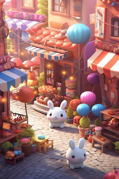 A cartoon scene of a bunny with a storefront and a storefront with lanterns hanging from it.