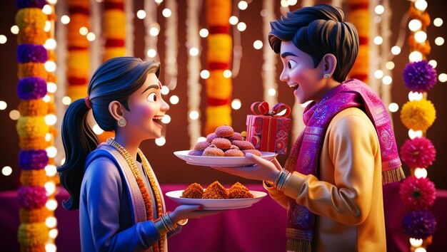 a cartoon scene of a couple holding a tray of food with a cartoon character holding a plate of cooki