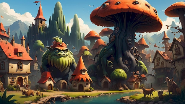 a cartoon scene of a fairytale village