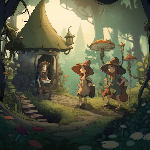 A cartoon scene of a forest scene with two women and a mushroom house.