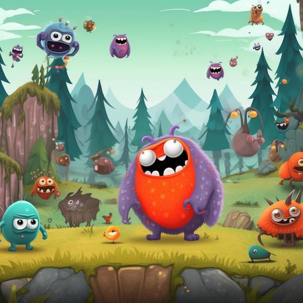 a cartoon scene of a forest with many monsters and monsters.