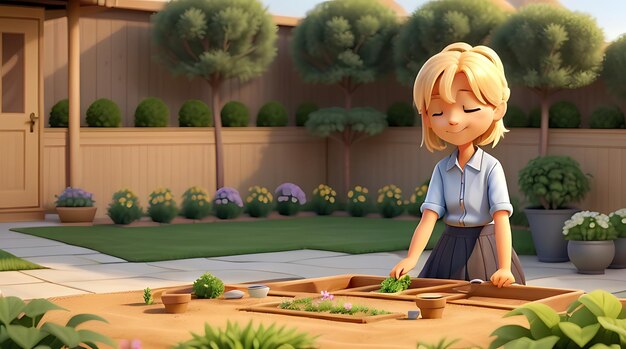 Photo a cartoon scene of a girl playing a garden with a garden in the background