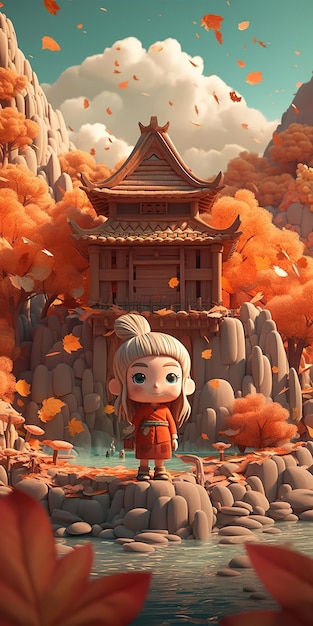 A cartoon scene of a girl in a red dress stands in front of a chinese temple.