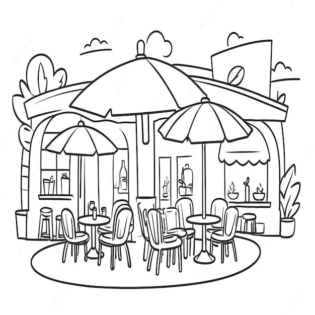 Cartoon scene of an outdoor coffee shop with tables