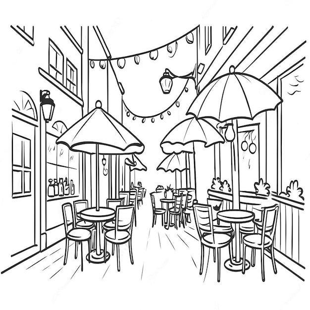 Cartoon scene of an outdoor coffee shop with tables