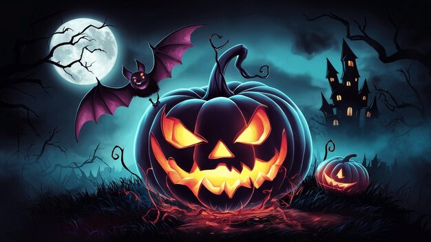 Photo a cartoon scene of a pumpkin with bats and a moon in the background