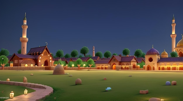 a cartoon scene of a small village with a large building in the background