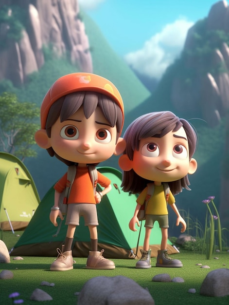 A cartoon scene of two children standing in front of a tent.