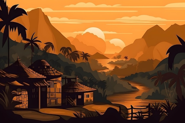 A cartoon scene of a village in the mountains with a sunset in the background