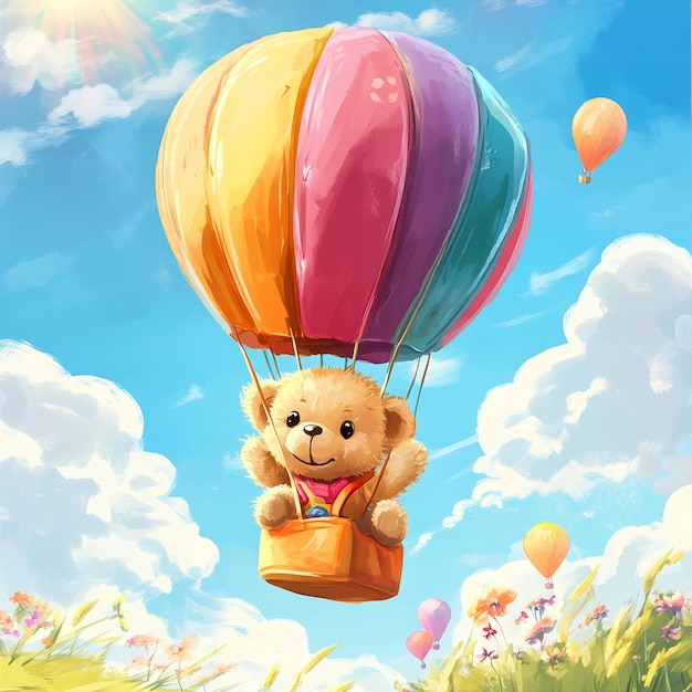 cartoon scene with flying teddy bear in the sky illustration for children