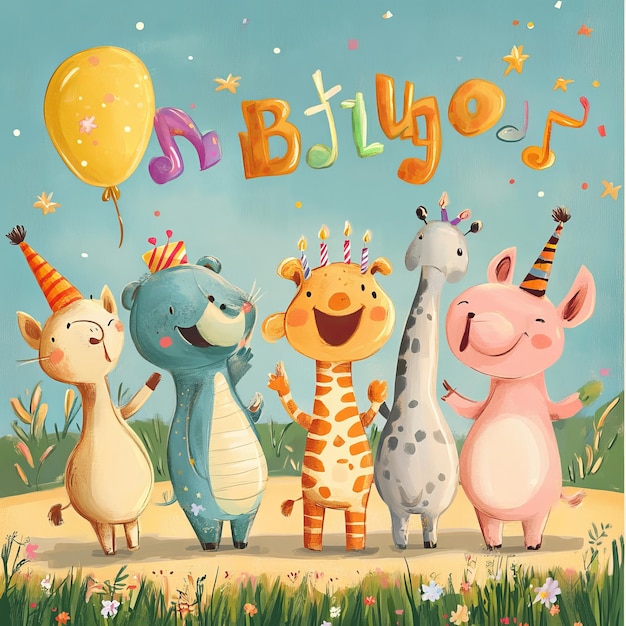 Photo cartoon scene with happy birthday party with animals illustration for children