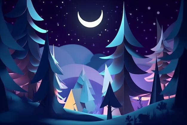 A cartoon scene with a moon and stars in the sky