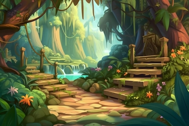 A cartoon scene with a waterfall and stairs in the jungle.