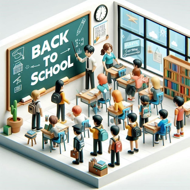 a cartoon of a school with a chalkboard that says back to school