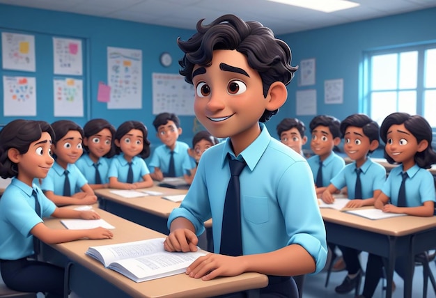 a cartoon of a school with many children in a classroom