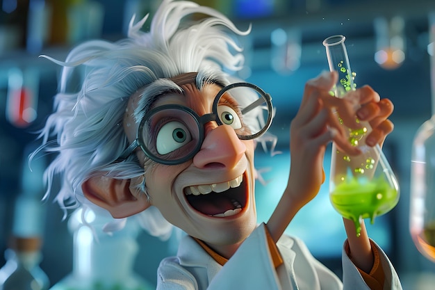 Photo a cartoon of a scientist holding a test tube with a beaker in the background