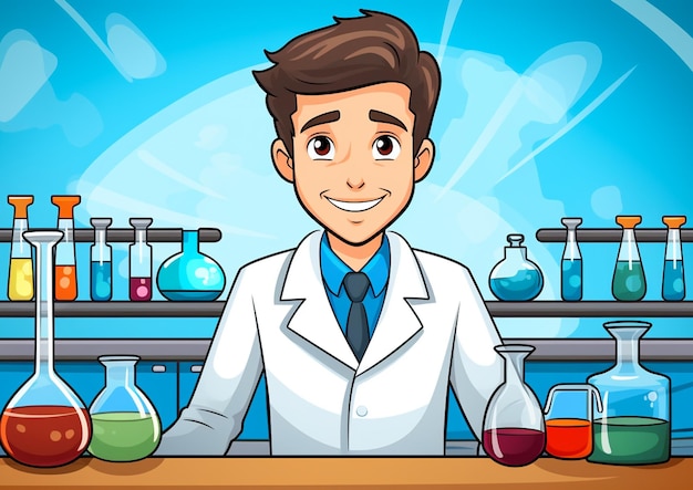 a cartoon of a scientist with a bottle of liquid in front of him.