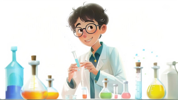 a cartoon of a scientist with a bottle of liquid in it