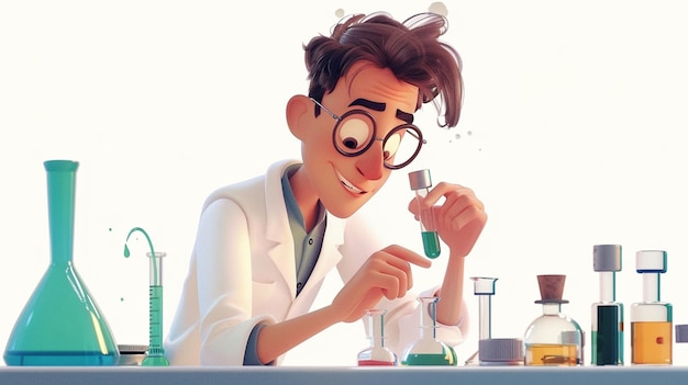 a cartoon of a scientist with a lab coat and glasses