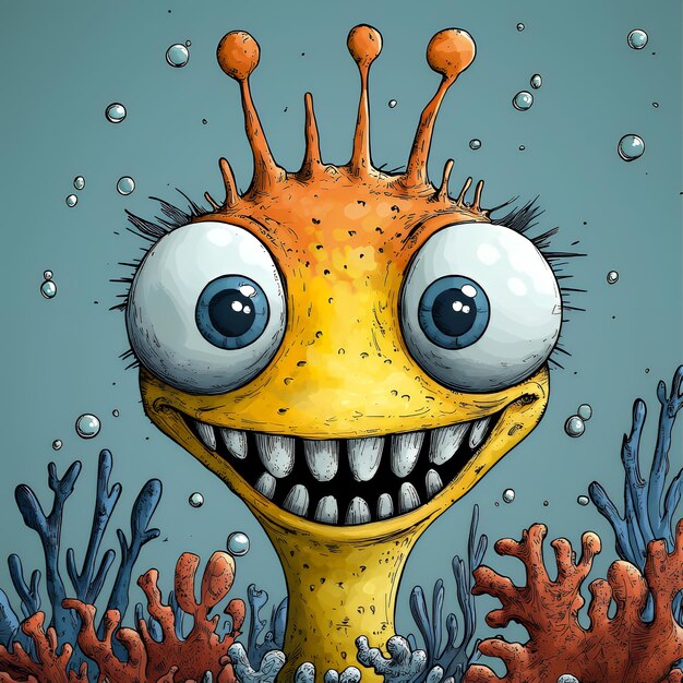 Photo cartoon sea creature with big eyes and a grin