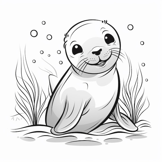 a cartoon seal sitting on the ground with bubbles in the background generative ai