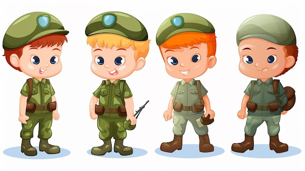 Photo cartoon set of cute soldier children cartoon