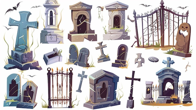 Photo cartoon set of old cemetery design elements isolated