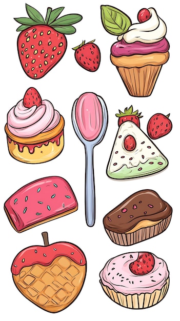 Photo cartoon set of strawberrythemed desserts