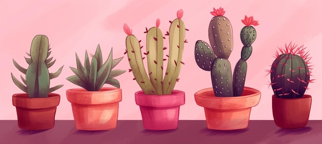 A cartoon of several cactuses on a pink background.