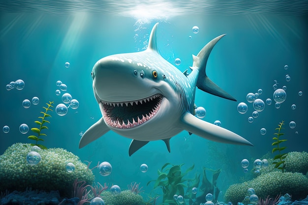 Cartoon shark in an aquatic setting