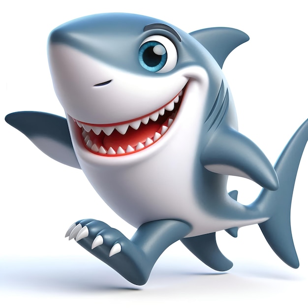 Photo a cartoon shark with big teeth running through the air