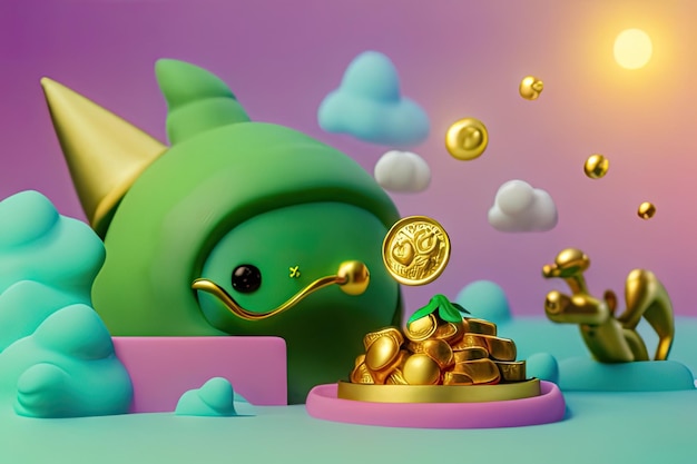 A cartoon shark with a fish on its head and a gold coin on the top.