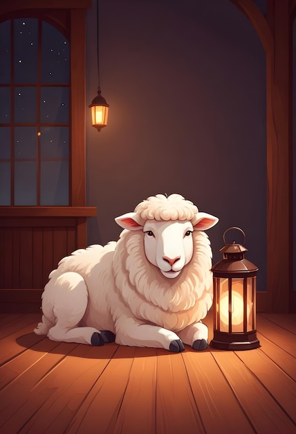 A cartoon sheep sits in a room with lights on the wall