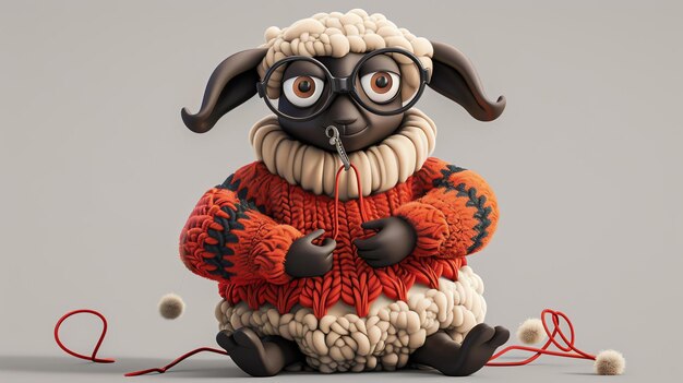 A cartoon sheep wearing glasses and a red sweater is knitting