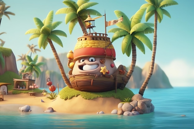 A cartoon ship on a small island with palm trees in the background.